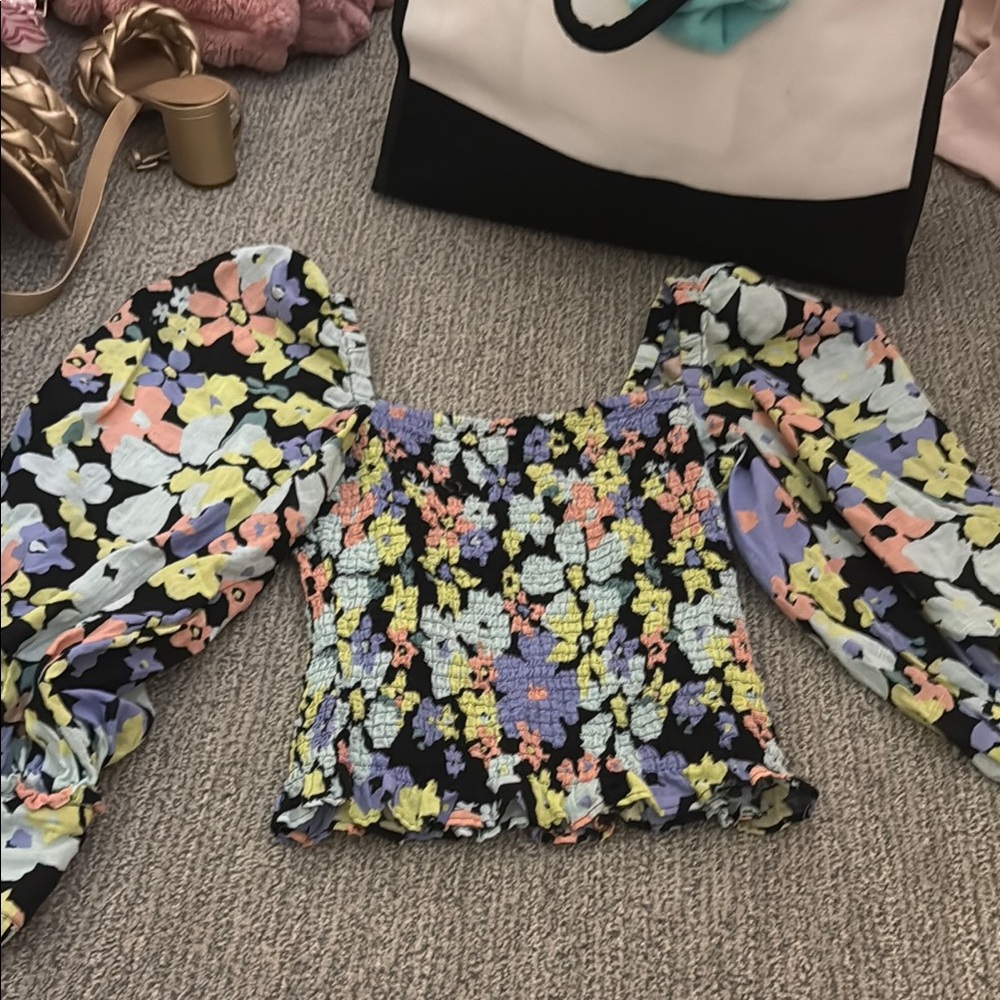 Free People Yellow and Blue Puff Sleeve Blouse